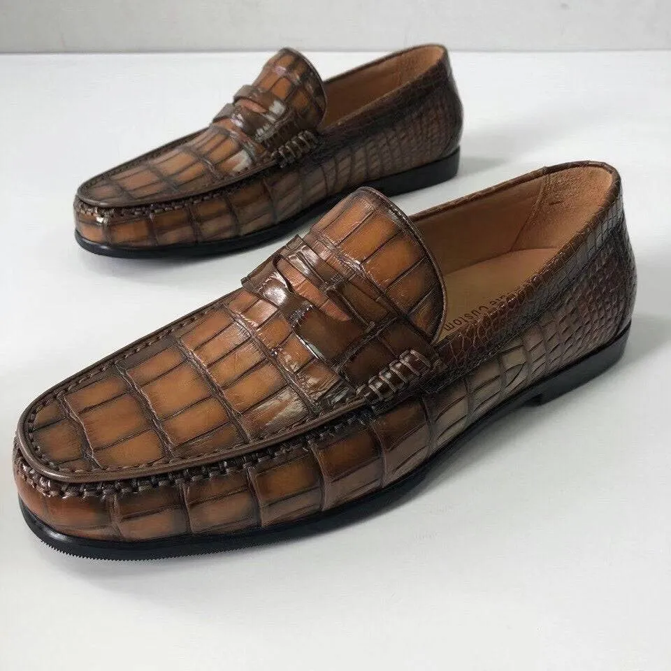 Crocodile Shoes Crocodile  Leather Shoes Mens Slip-On Driving Loafer Shoes Vintage Brown