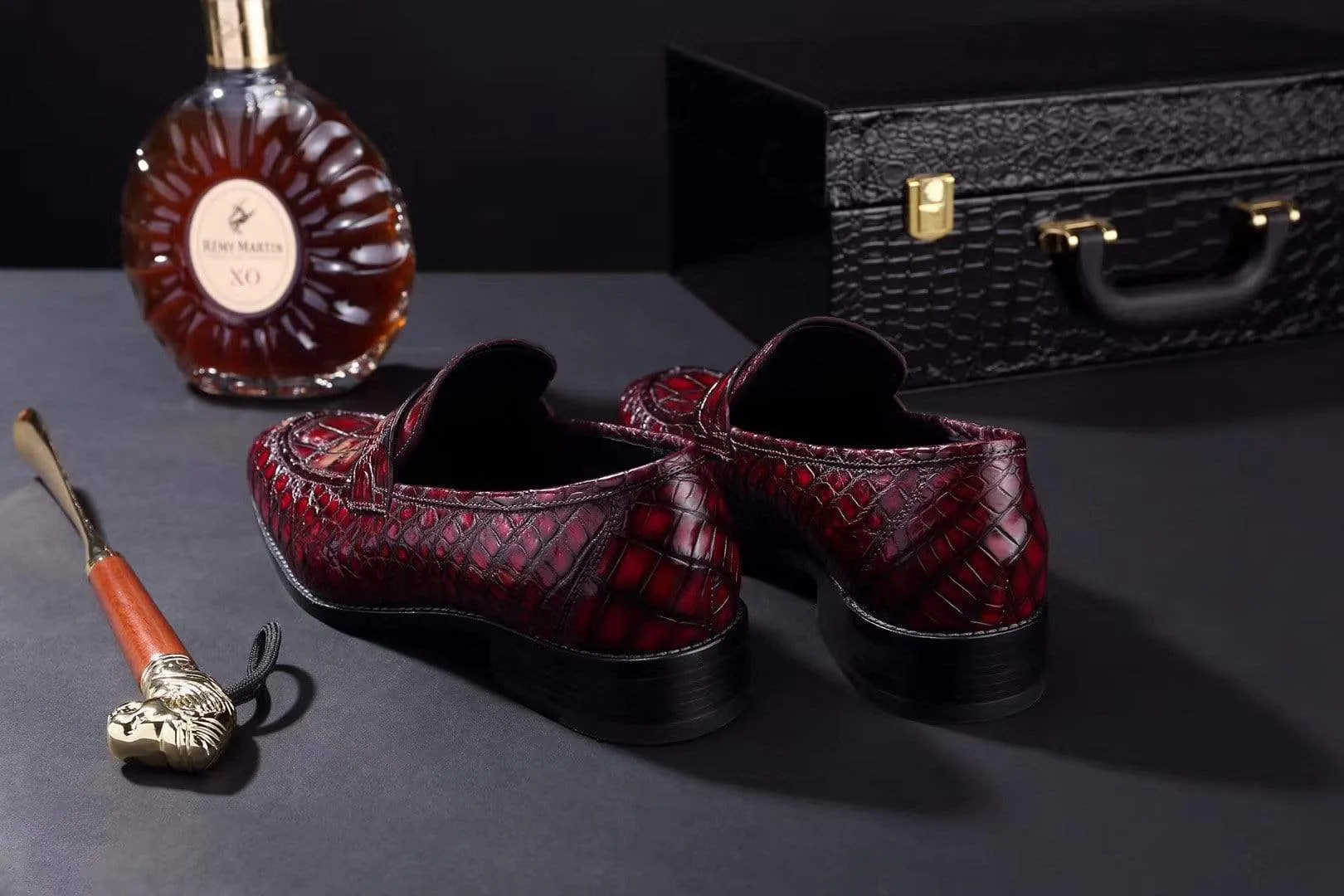Crocodile Shoes Mens Crocodile Leather Penny Loafer Shoes Vintage Wine Red