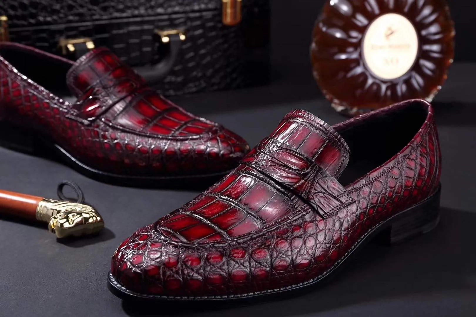 Crocodile Shoes Mens Crocodile Leather Penny Loafer Shoes Vintage Wine Red