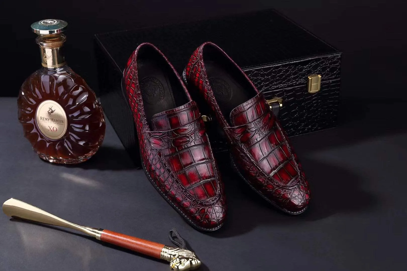 Crocodile Shoes Mens Crocodile Leather Penny Loafer Shoes Vintage Wine Red