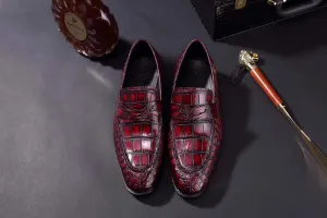 Crocodile Shoes Mens Crocodile Leather Penny Loafer Shoes Vintage Wine Red