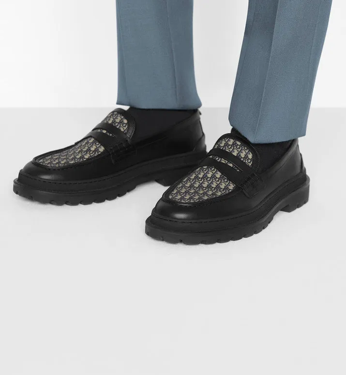 Dior Explorer Loafer • Black Smooth Calfskin and Beige and Black Dior Oblique Jacquard