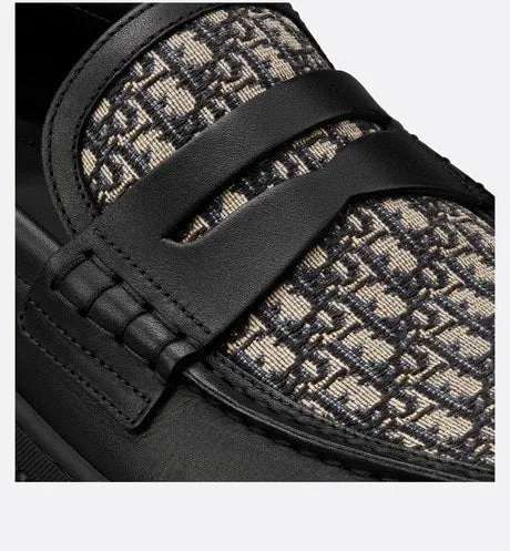 Dior Explorer Loafer • Black Smooth Calfskin and Beige and Black Dior Oblique Jacquard