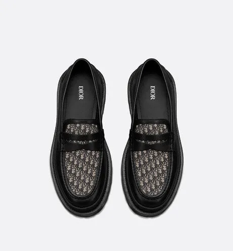 Dior Explorer Loafer • Black Smooth Calfskin and Beige and Black Dior Oblique Jacquard