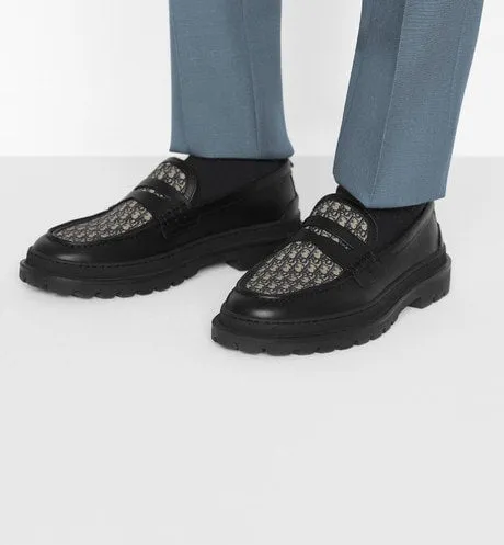 Dior Explorer Loafer • Black Smooth Calfskin and Beige and Black Dior Oblique Jacquard
