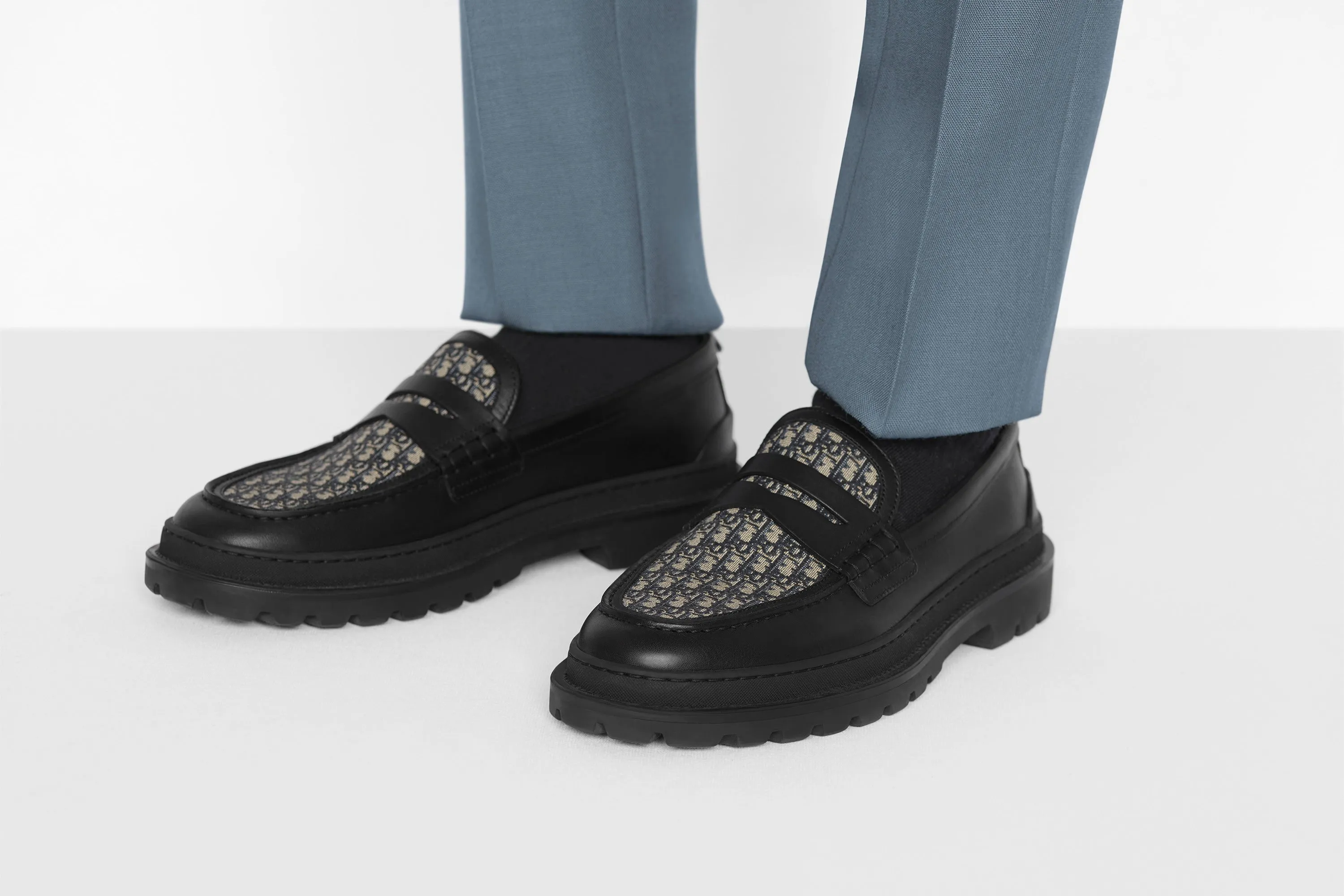 Dior Explorer Loafer • Black Smooth Calfskin and Beige and Black Dior Oblique Jacquard