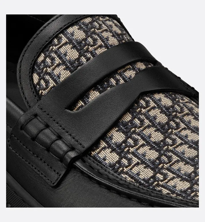 Dior Explorer Loafer • Black Smooth Calfskin and Beige and Black Dior Oblique Jacquard