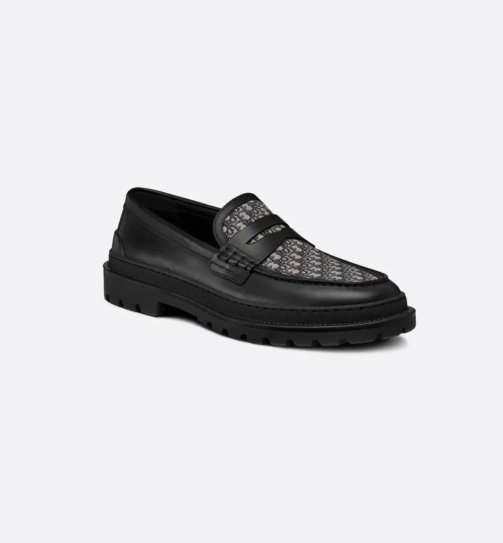 Dior Explorer Loafer • Black Smooth Calfskin and Beige and Black Dior Oblique Jacquard