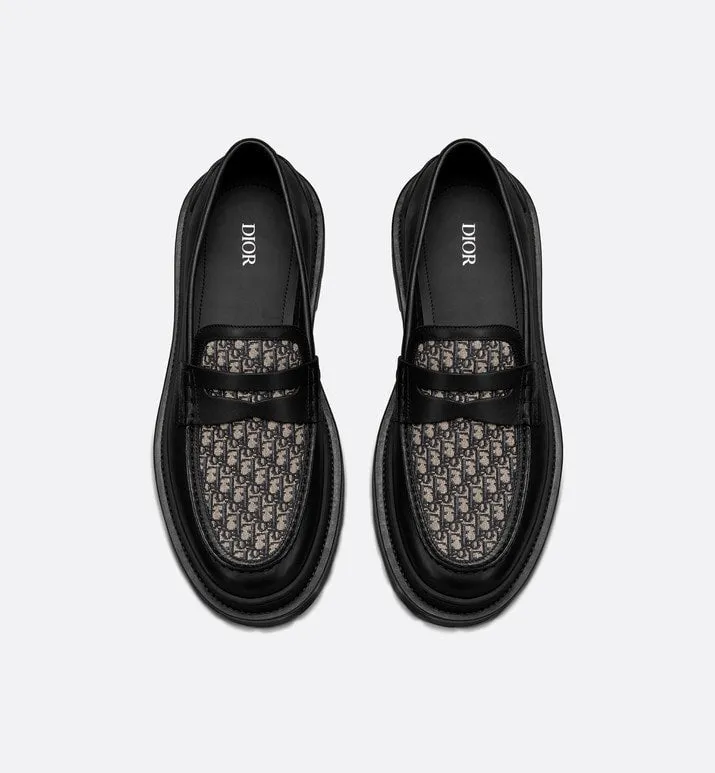 Dior Explorer Loafer • Black Smooth Calfskin and Beige and Black Dior Oblique Jacquard