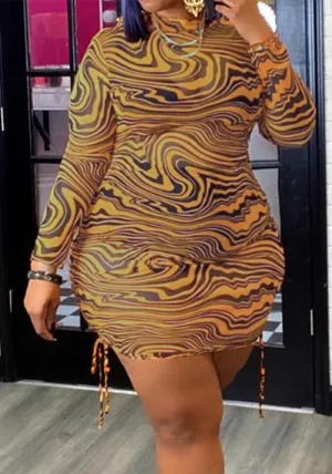 Dynamic Swirl Print Mesh Drawstring Bodycon Mini Dress