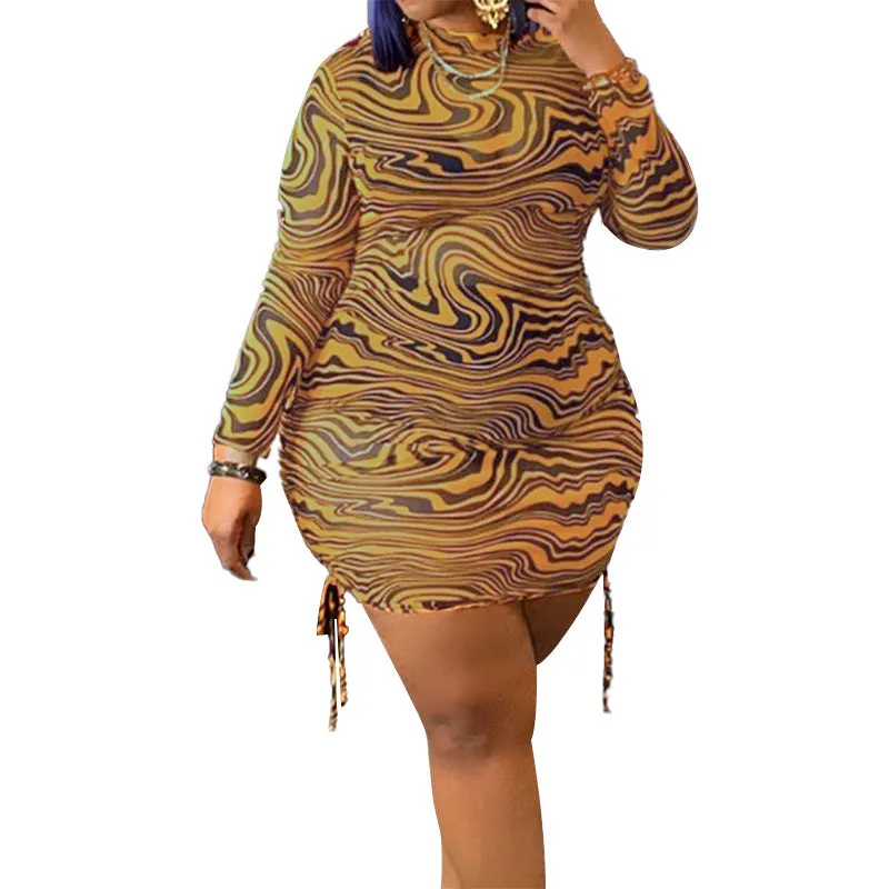 Dynamic Swirl Print Mesh Drawstring Bodycon Mini Dress