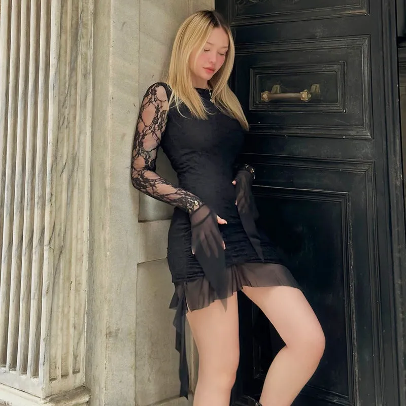 Elegant Long Sleeve Lace Bodycon Dress with Ribbon Accents