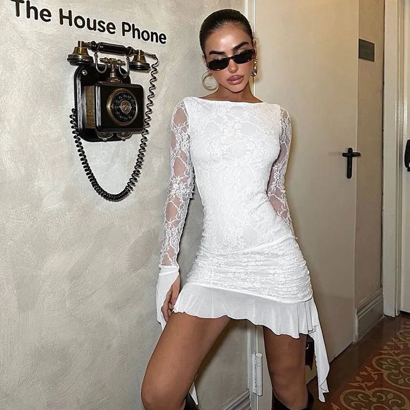 Elegant Long Sleeve Lace Bodycon Dress with Ribbon Accents