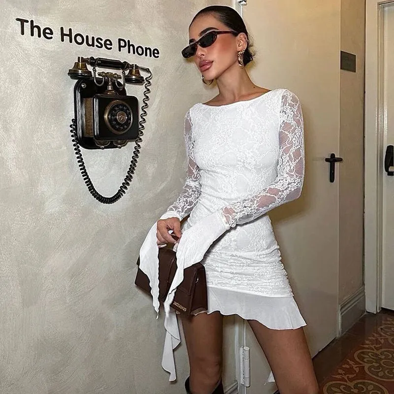 Elegant Long Sleeve Lace Bodycon Dress with Ribbon Accents