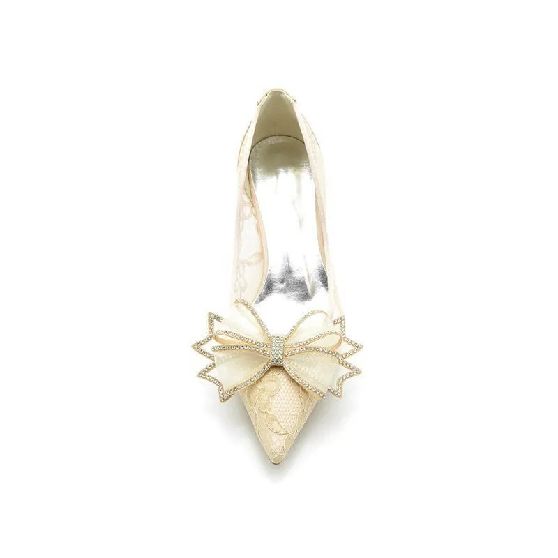 Elegant Pointed Toe Lace Mesh Hollow Out High Heels with Bow