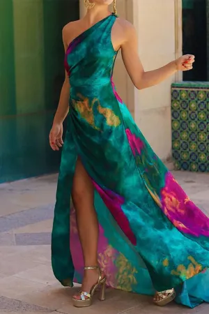 Elegant Print Backless Slit Oblique Collar Sleeveless Dress Dresses