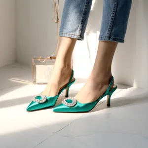 Elegant Rhinestone Pumps Silk Pointed Shoes
