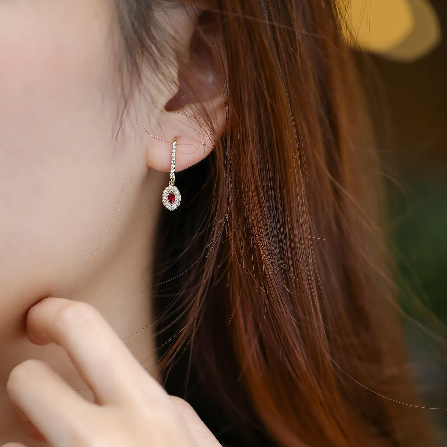 Elegant Ruby and Diamond Dangle Hook Earrings