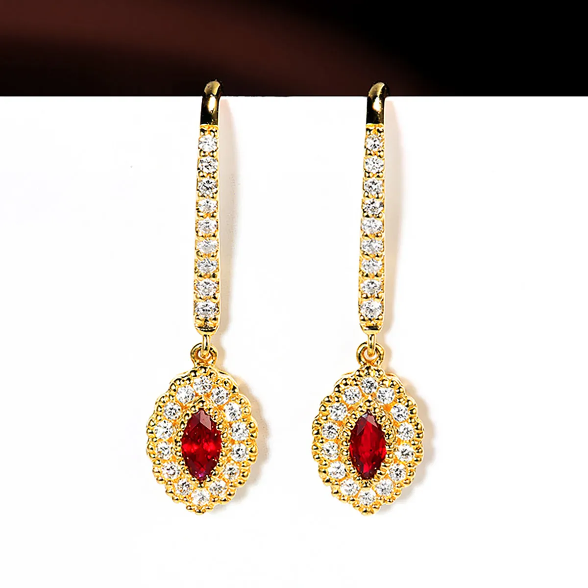 Elegant Ruby and Diamond Dangle Hook Earrings