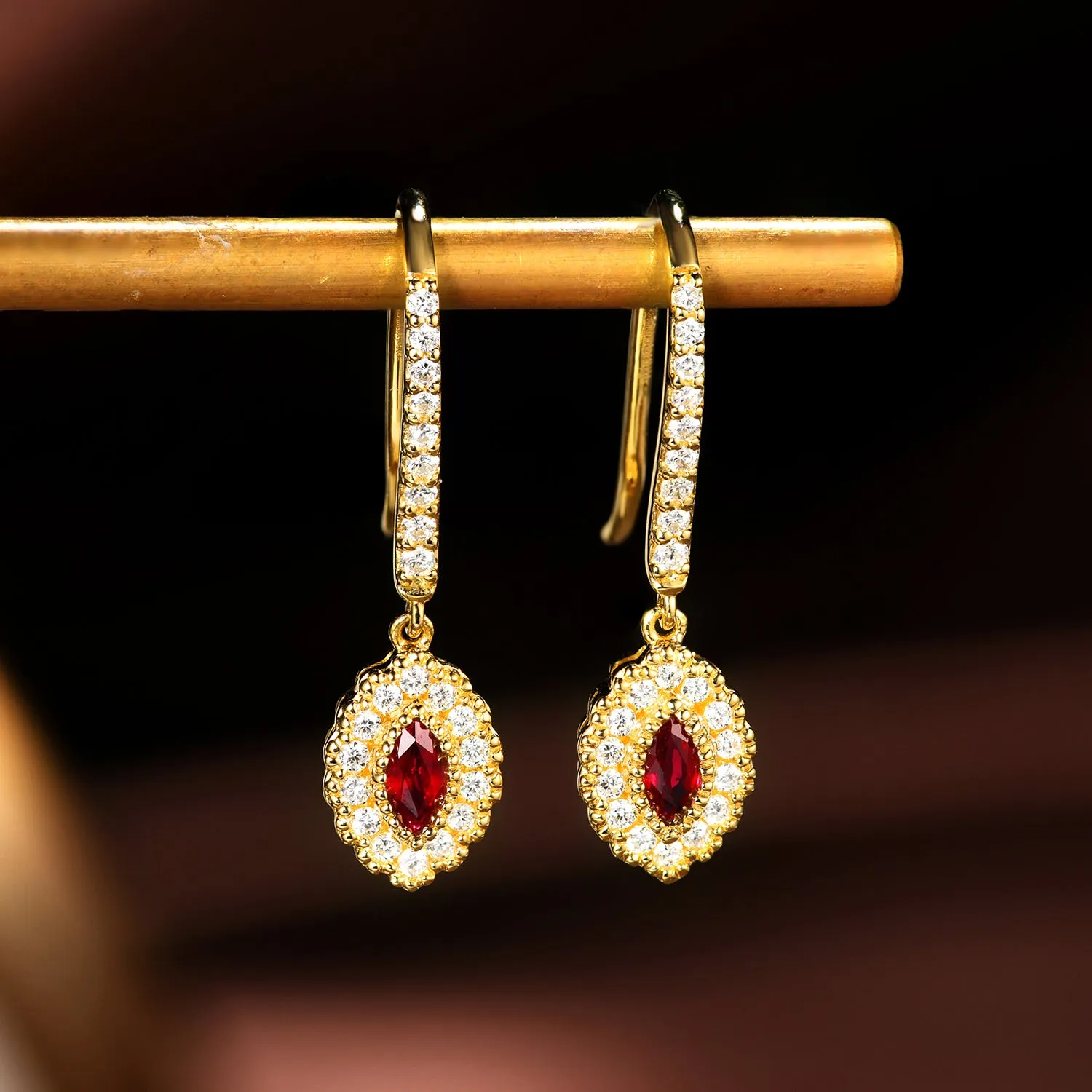 Elegant Ruby and Diamond Dangle Hook Earrings