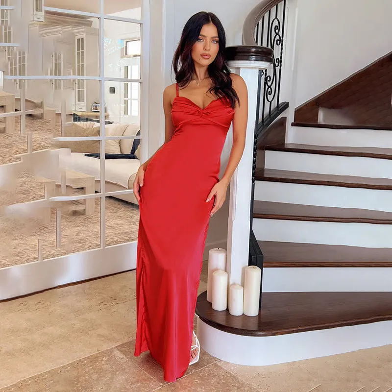 Elegant Satin Spaghetti Strap Maxi Dress with Sultry Slit