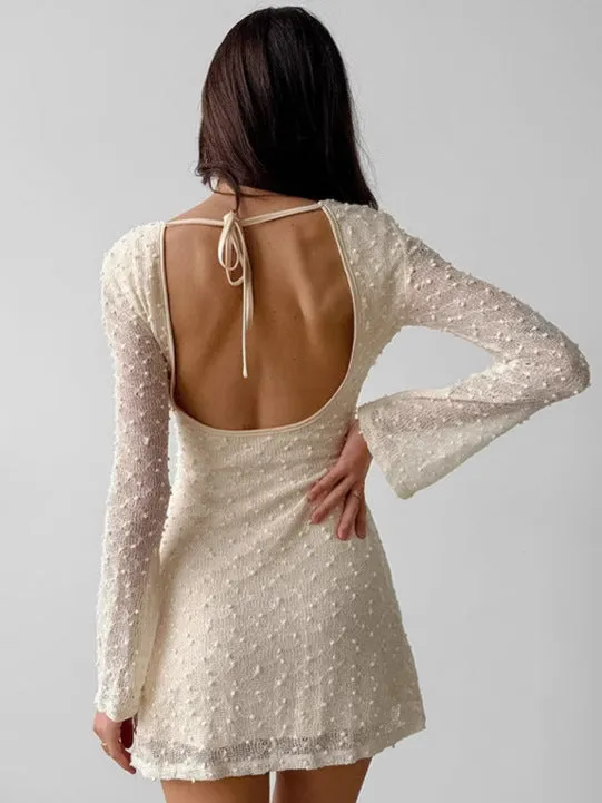 Elegant Sheer Lace Jacquard Long Sleeve Mini Dress for Timeless Chic