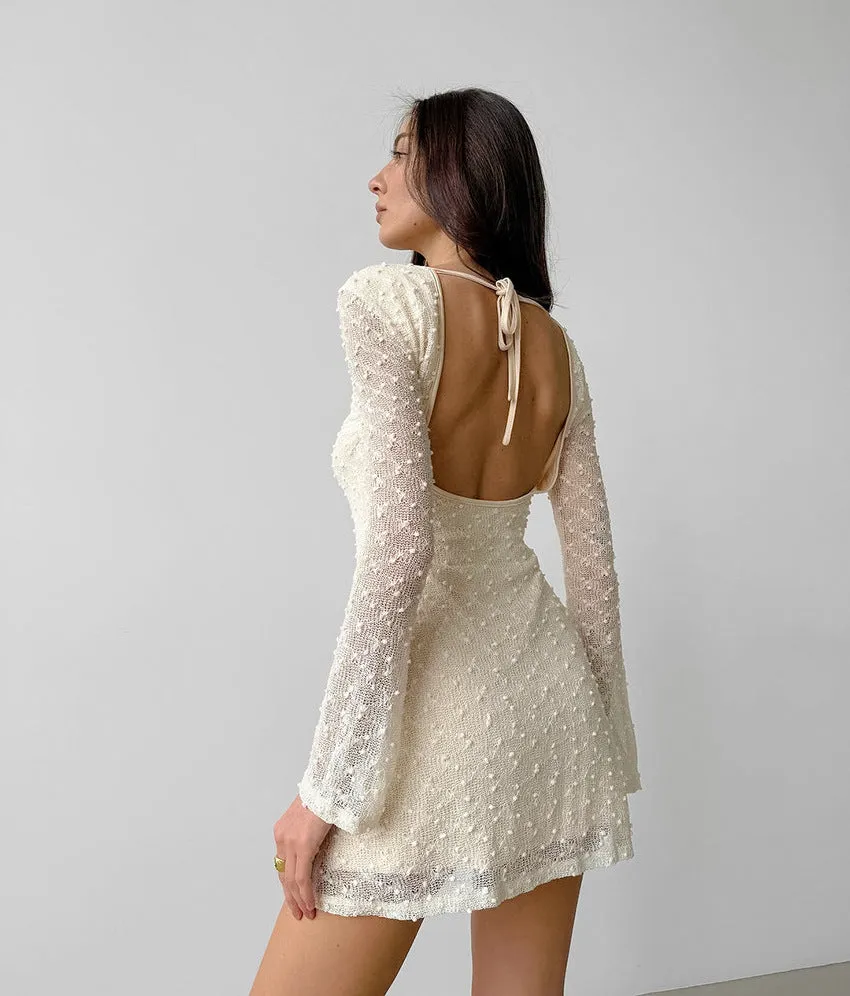 Elegant Sheer Lace Jacquard Long Sleeve Mini Dress for Timeless Chic