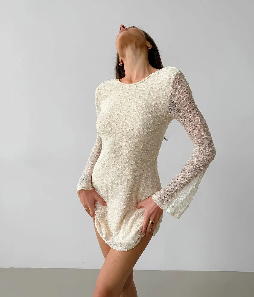 Elegant Sheer Lace Jacquard Long Sleeve Mini Dress for Timeless Chic