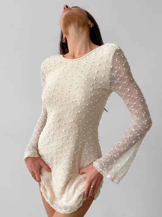 Elegant Sheer Lace Jacquard Long Sleeve Mini Dress for Timeless Chic