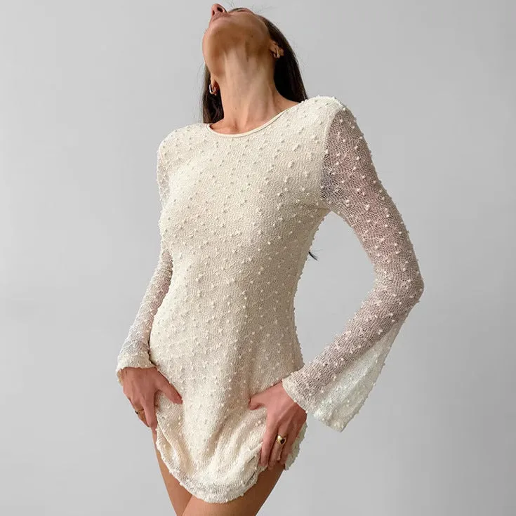 Elegant Sheer Lace Jacquard Long Sleeve Mini Dress for Timeless Chic