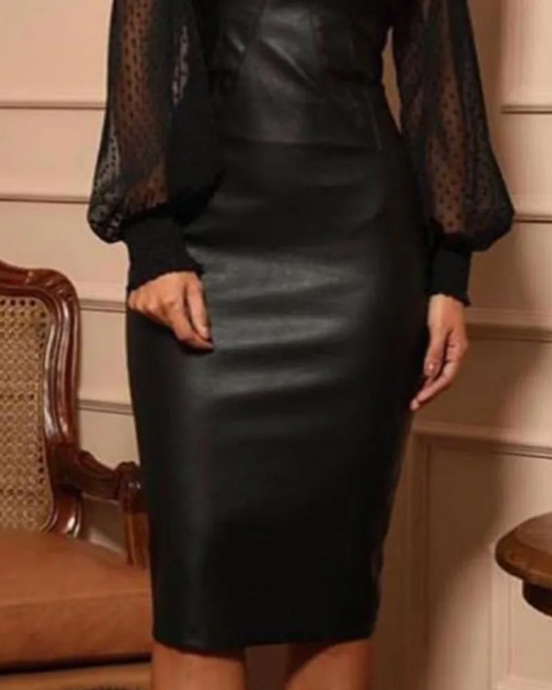 Elegant Sheer Mesh Polka Dot Sleeve Faux Leather Bodycon Midi Dress