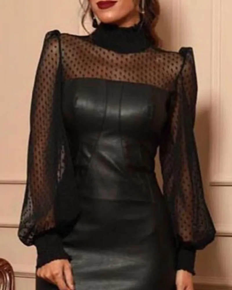 Elegant Sheer Mesh Polka Dot Sleeve Faux Leather Bodycon Midi Dress