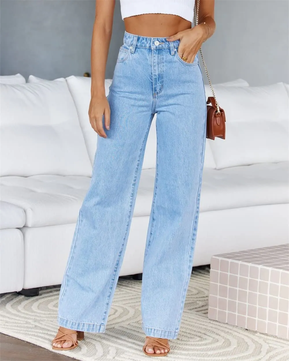 ETTELO Womens Jeans Mid Waisted Straight Leg Loose Stretchy Lightweight Tummy Control Trendy Jeans for Women 2024