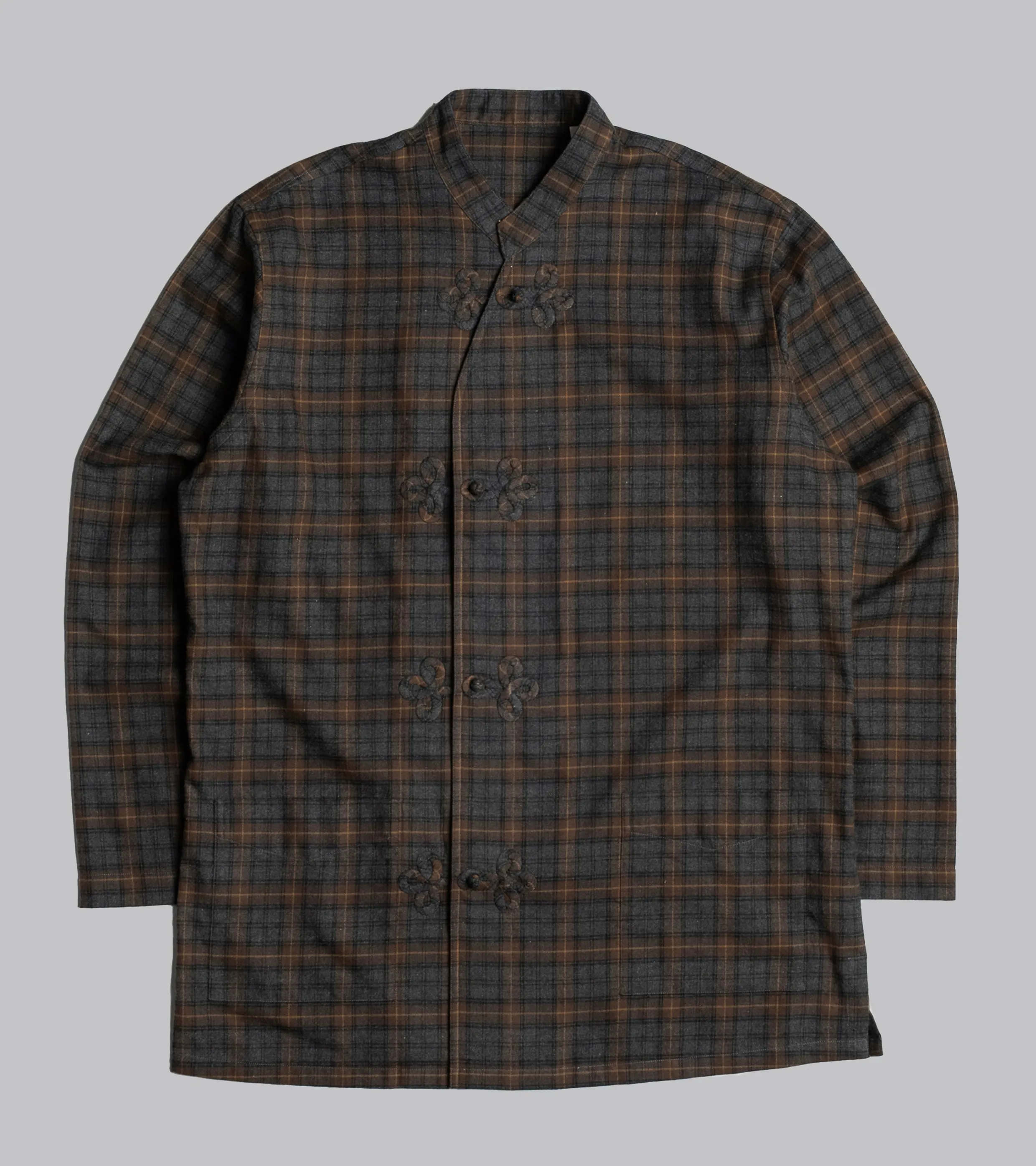 Frogged Button Shirt Plaid Brown/Grey