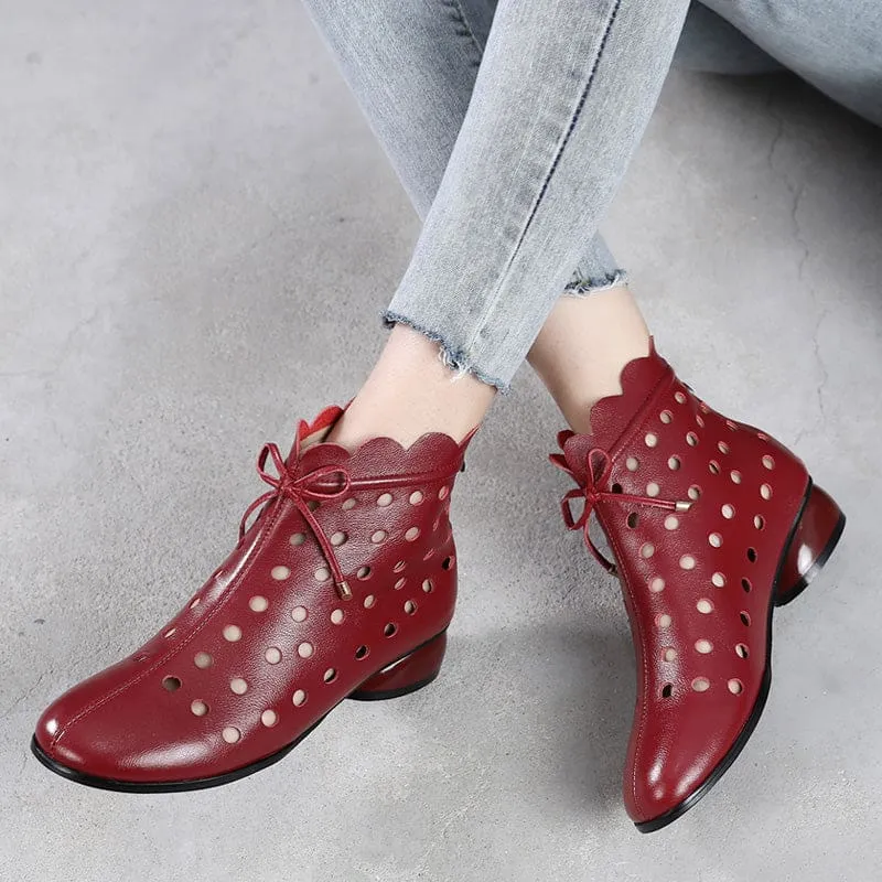 Genuine Leather Back Zipper Cutout Breathable Summer Ankle Boots