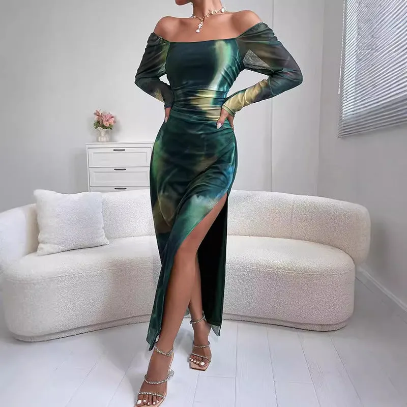 Glamorous Off-Shoulder Printed Slit Dress for Chic Party Looks