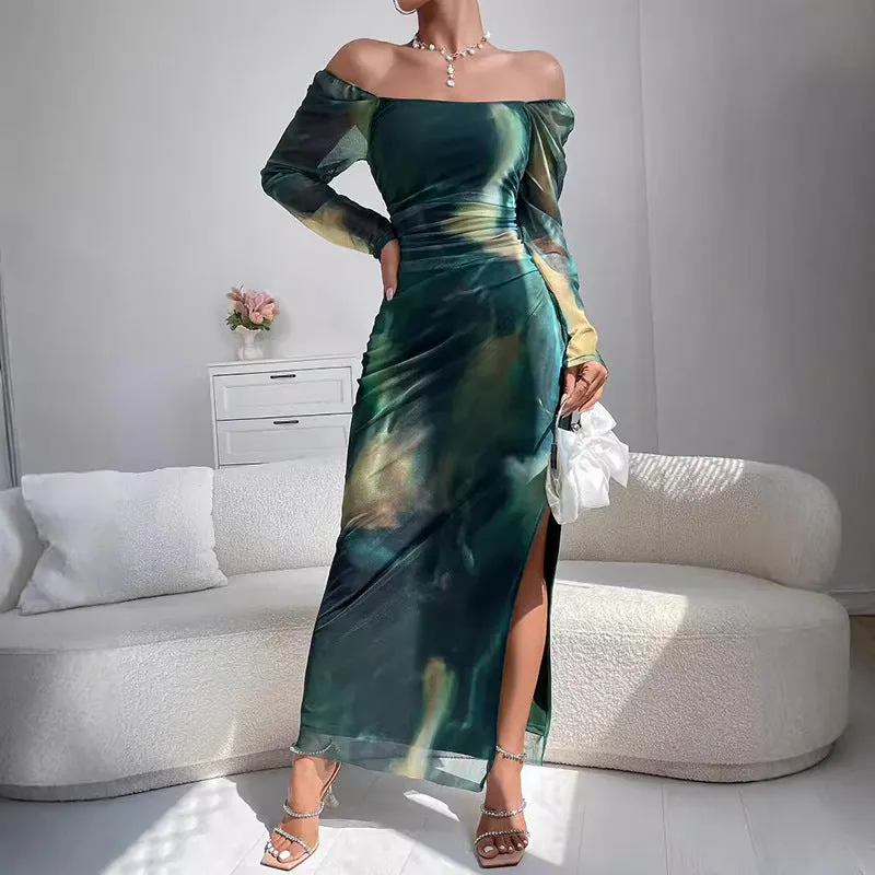 Glamorous Off-Shoulder Printed Slit Dress for Chic Party Looks