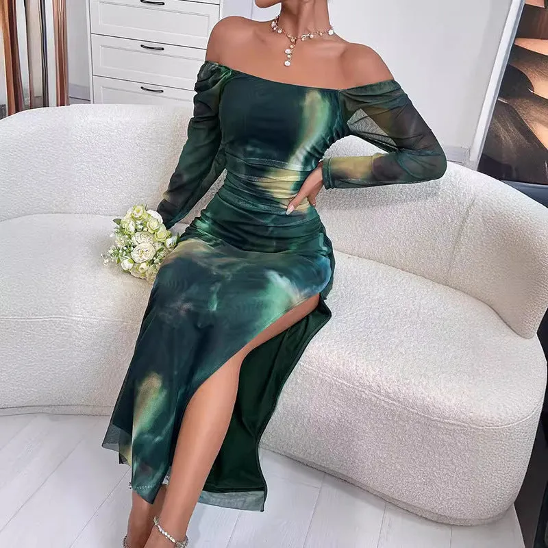 Glamorous Off-Shoulder Printed Slit Dress for Chic Party Looks