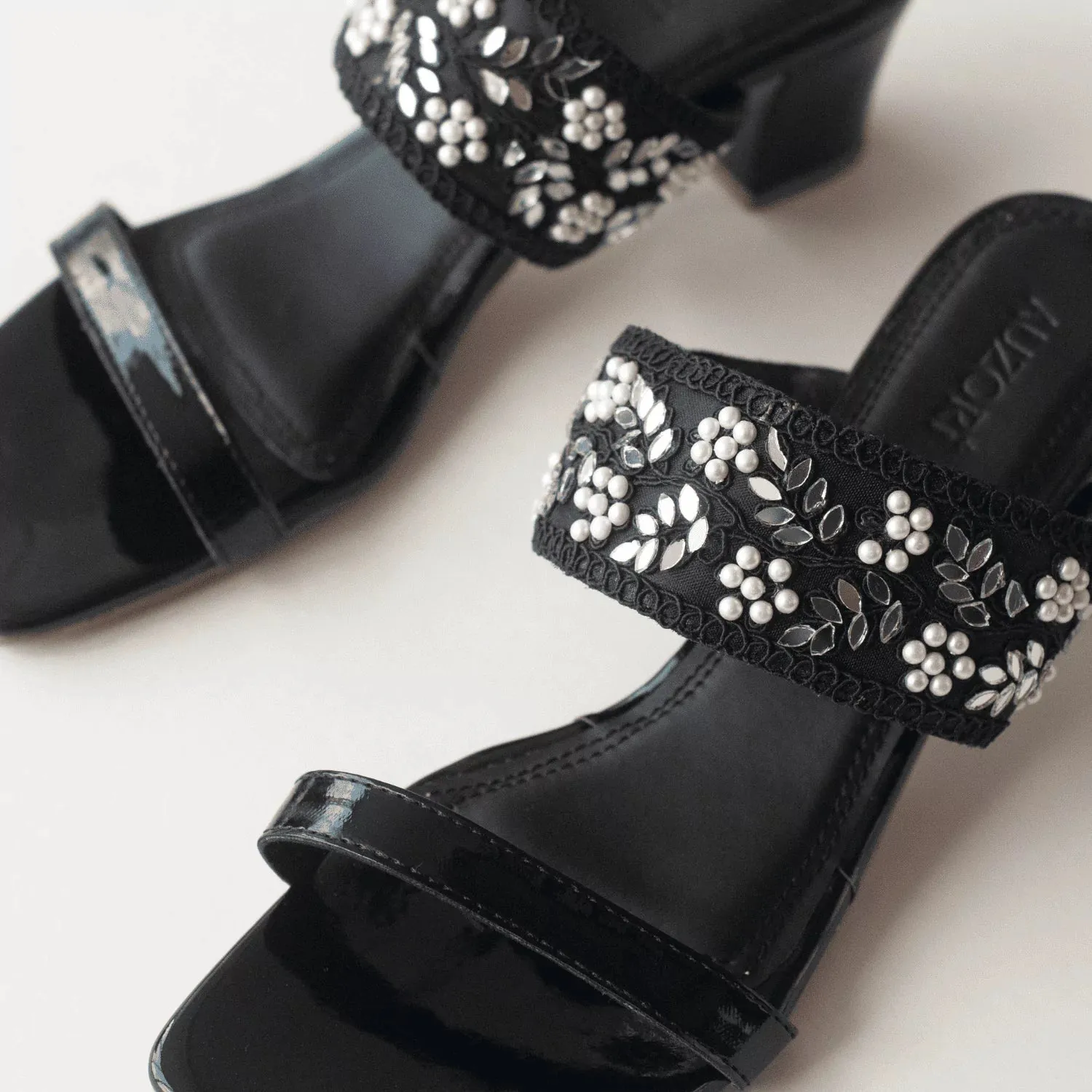 GLEAMING Black Embroidered Block Heels