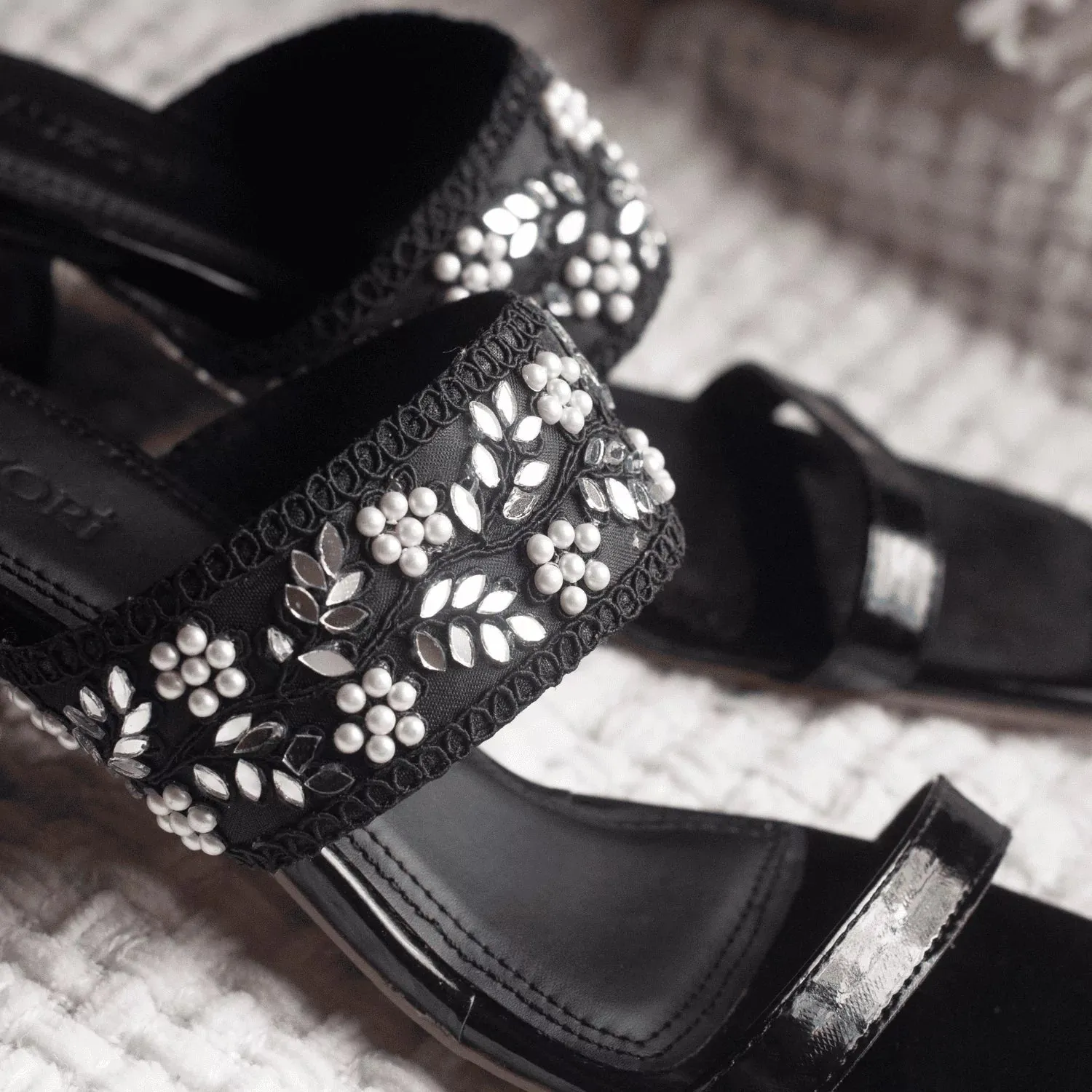 GLEAMING Black Embroidered Block Heels
