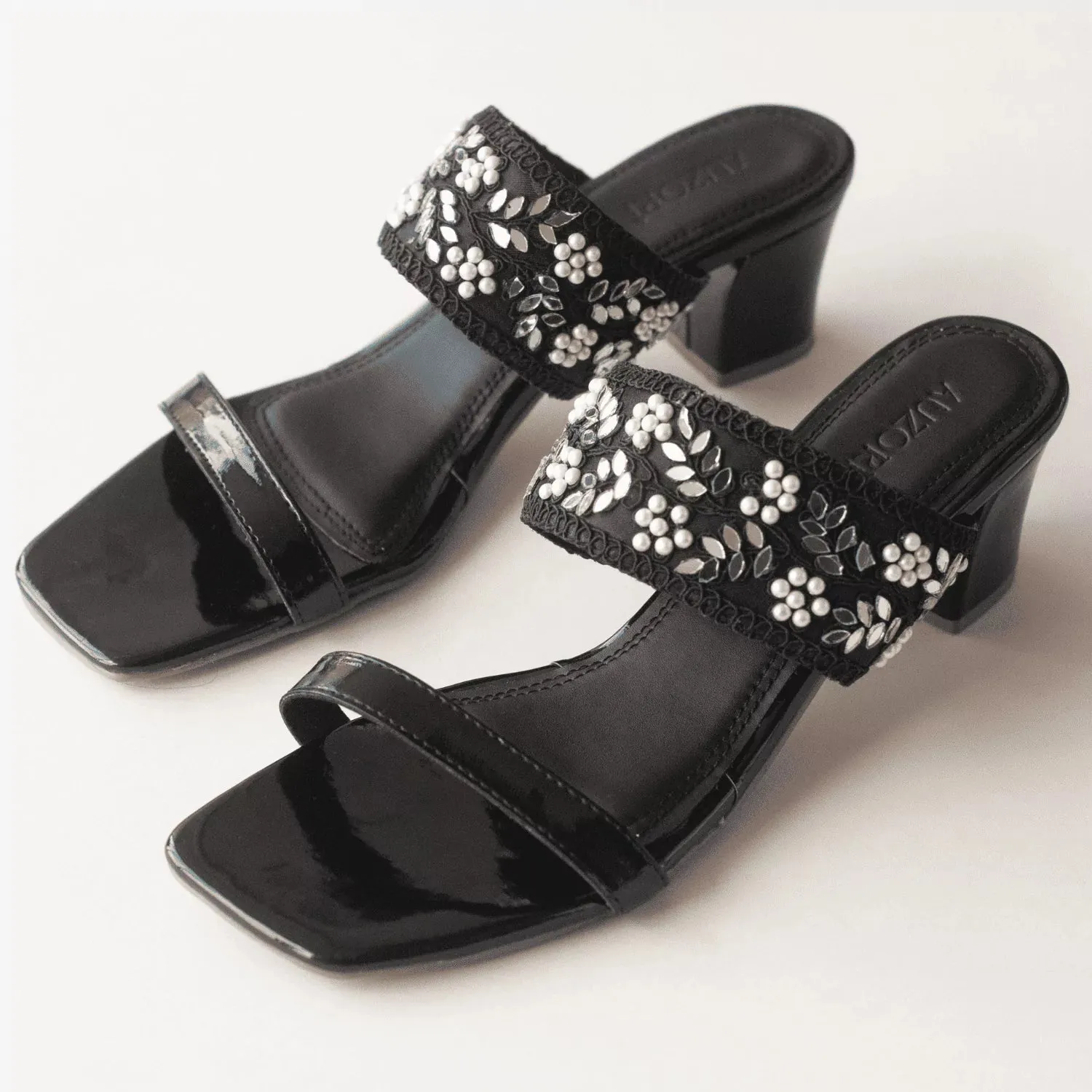 GLEAMING Black Embroidered Block Heels
