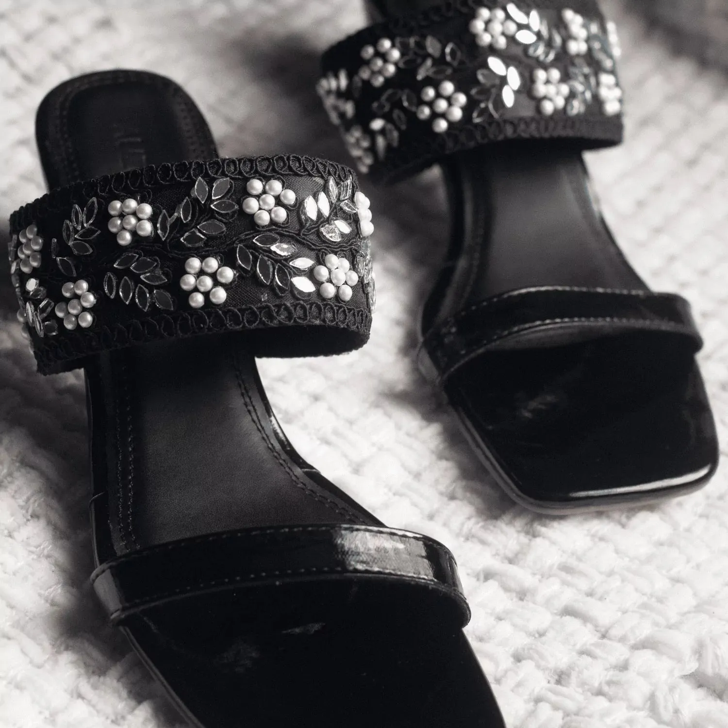 GLEAMING Black Embroidered Block Heels