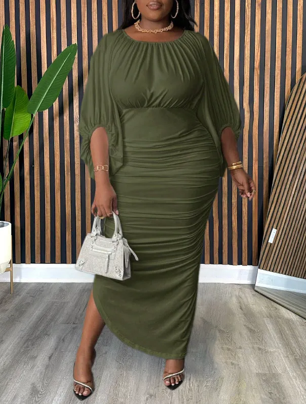 Graceful Draped Elegance Ruched Half-Sleeve Maxi Dress