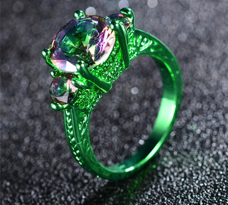 Green Gold Elegant Mystic Rainbow Zircon Ring