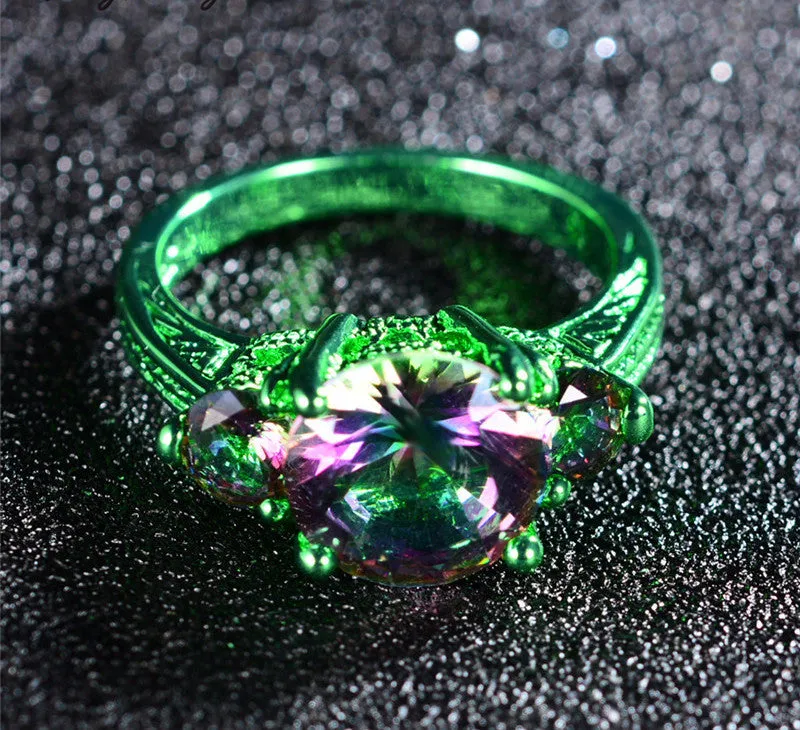 Green Gold Elegant Mystic Rainbow Zircon Ring