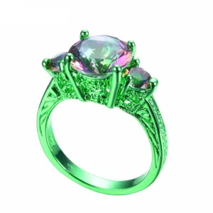 Green Gold Elegant Mystic Rainbow Zircon Ring