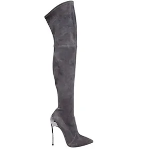 Grey Pointed Toe 5 Inch Stiletto Heel Thigh High Boots