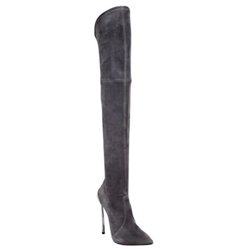 Grey Pointed Toe 5 Inch Stiletto Heel Thigh High Boots