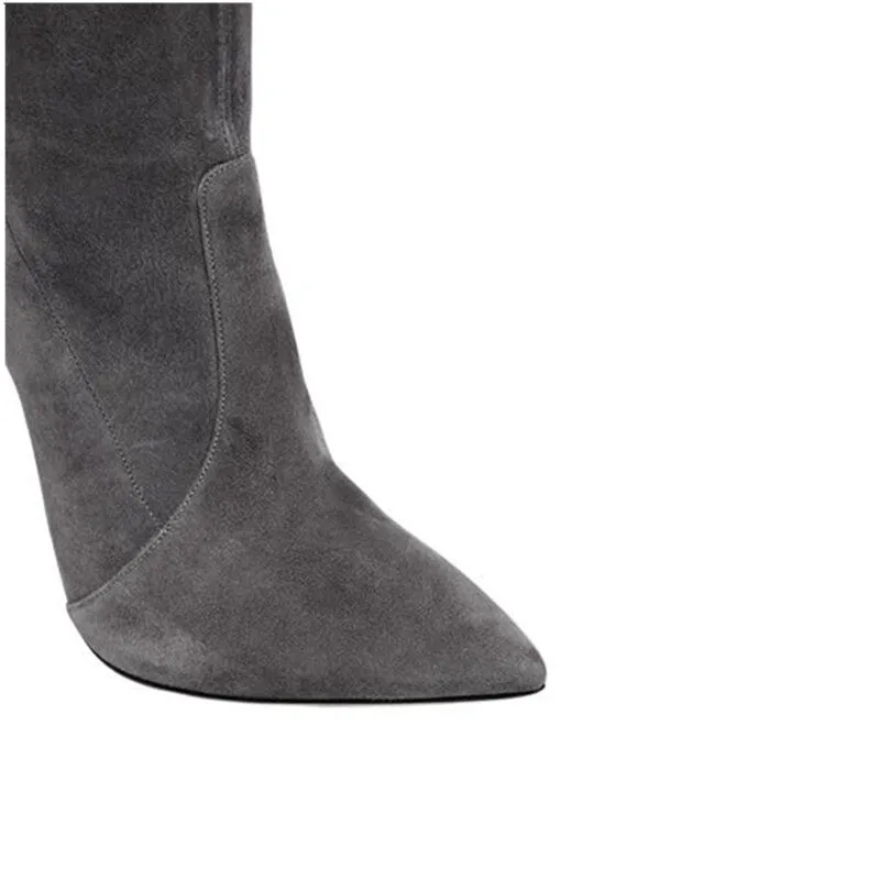 Grey Pointed Toe 5 Inch Stiletto Heel Thigh High Boots