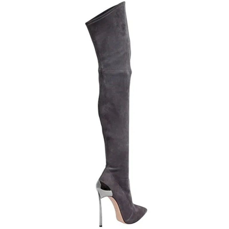 Grey Pointed Toe 5 Inch Stiletto Heel Thigh High Boots